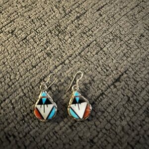 Geometric Silver Earrings with inlaid turquoise,once,mother of pearl